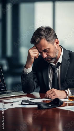 Stressed Middle-Aged Businessman in Office Setting with Alcohol and Documents