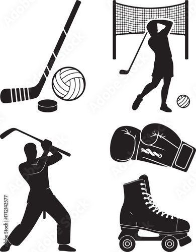 Action sports silhouettes hockey boxing golf skates
