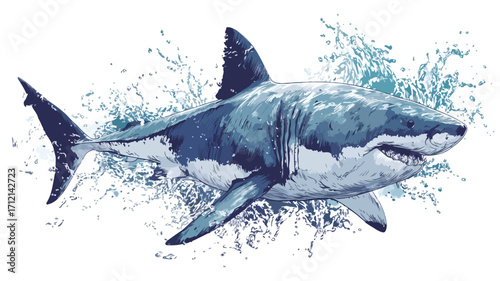 Majestic Great White Shark with Water Splashes on Isolated Background