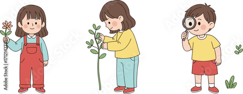 Cute children exploring nature, holding flower, planting tree, using magnifying glass, outdoor learning, kids activity, garden, environment, cartoon illustration