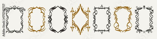 Set of gothic vintage frames. Dark fantasy vector borders with medieval baroque and tribal ornament. Spooky silhouettes for Halloween invitation, game menu, poster, or decorative design. Mirror shape 