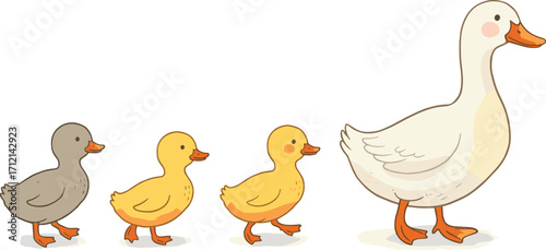 Cute duck family illustration, mother duck with ducklings, walking together, baby ducks cartoon, adorable farm animals, nature wildlife art, vector drawing