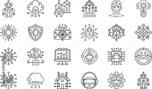 Neural Network, Deep Learning, Robotics Automation, Cloud Data, Chatbot Assistant, Cybersecurity, Voice Recognition, Blockchain, Internet of Things, and Machine Learning Vector Collection