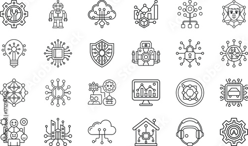 Neural Network, Deep Learning, Robotics Automation, Cloud Data, Chatbot Assistant, Cybersecurity, Voice Recognition, Blockchain, Internet of Things, and Machine Learning Vector Collection