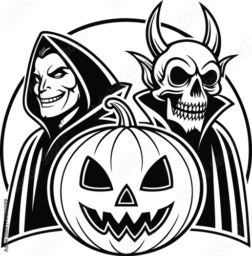 Vector art of halloween pumpkin with devil skull and hooded figure in black and white vector art