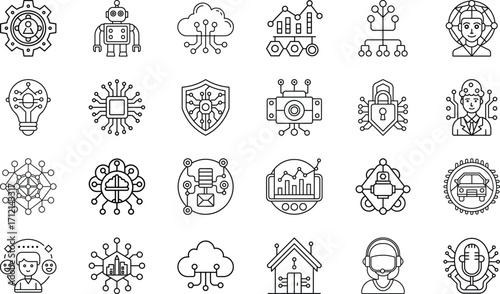 Neural Network, Deep Learning, Robotics Automation, Cloud Data, Chatbot Assistant, Cybersecurity, Voice Recognition, Blockchain, Internet of Things, and Machine Learning Vector Collection