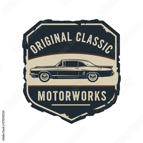 Vintage logo featuring a classic car, with text 'Original Classic Motorworks' in a shield shape.