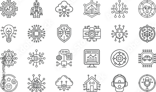 Neural Network, Deep Learning, Robotics Automation, Cloud Data, Chatbot Assistant, Cybersecurity, Voice Recognition, Blockchain, Internet of Things, and Machine Learning Vector Collection
