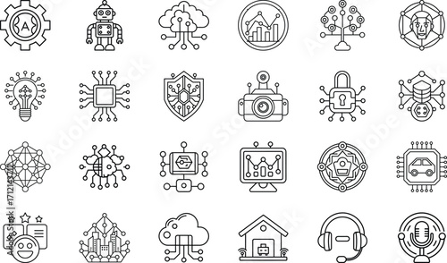 Neural Network, Deep Learning, Robotics Automation, Cloud Data, Chatbot Assistant, Cybersecurity, Voice Recognition, Blockchain, Internet of Things, and Machine Learning Vector Collection