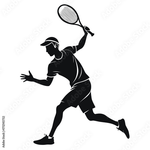 "Tennis Player Hitting Ball Silhouette Vector"