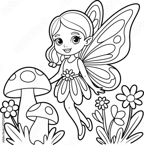 Charming black and white illustration of a cute fairy with butterfly wings standing amongst whimsical mushrooms and flowers perfect for coloring pages