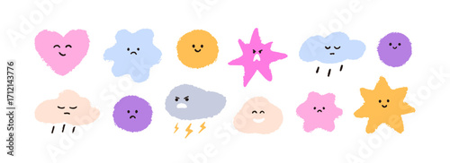 Cute emoji set with happy, sad and angry face expressions, moods. Funny kids emoticons. Sun, cloud, star and heart characters with emotions. Flat vector illustration isolated on white background.