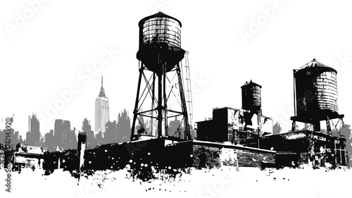 Urban Skyline with Grunge Black and White Water in Cityscape