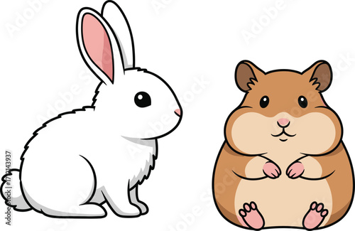 Cute rabbit and hamster cartoon illustration, adorable pet animals, domestic pets, fluffy bunny, chubby hamster, children’s design, animal clipart