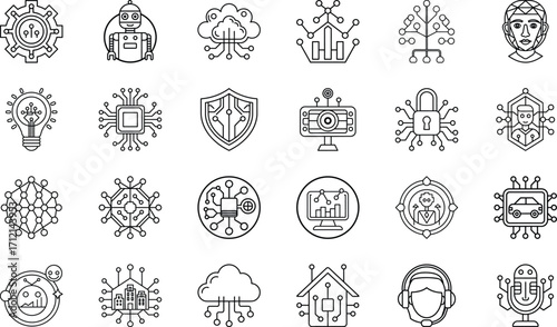 Neural Network, Deep Learning, Robotics Automation, Cloud Data, Chatbot Assistant, Cybersecurity, Voice Recognition, Blockchain, Internet of Things, and Machine Learning Vector Collection