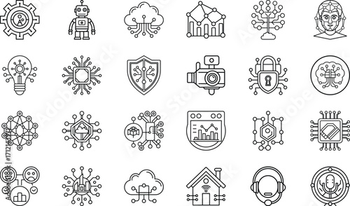 Neural Network, Deep Learning, Robotics Automation, Cloud Data, Chatbot Assistant, Cybersecurity, Voice Recognition, Blockchain, Internet of Things, and Machine Learning Vector Collection