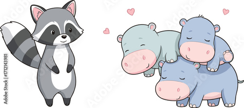 Cute raccoon and hippos, sleeping cartoon animals, adorable wildlife characters, nursery art, baby room decor, kawaii animal vector illustration
