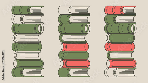 Three stacks of books with green and red covers arranged on a light beige background illustration