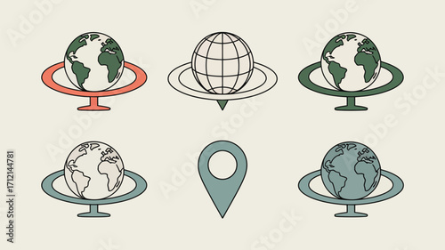 Illustration of globes on stands and a location pin in various colors on a light background