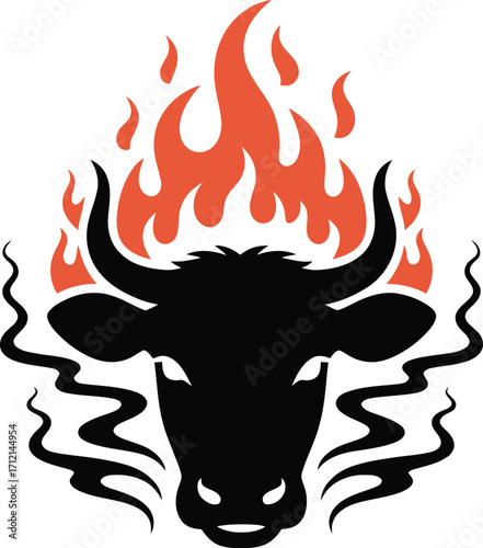Black bull head with orange flames and smoke graphic vector