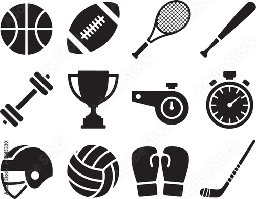 Sports icons collection winning trophy and equipment