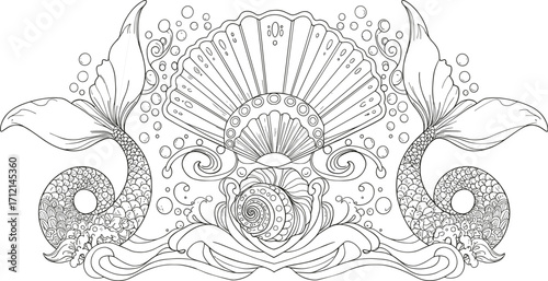 Beautiful mermaid tail illustration with seashell and ocean waves, fantasy underwater artwork, decorative marine drawing, black white coloring page design
