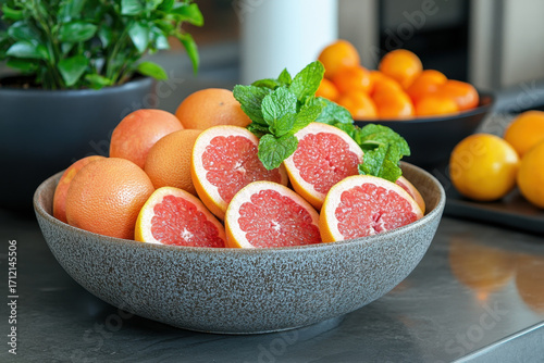 Bowl of grapes and oranges on counter.
