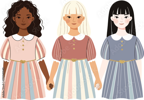vector illustration of a diverse group of three young girls in dresses holding hands for an International Day of the Girl Child theme of friendship and solidarity.