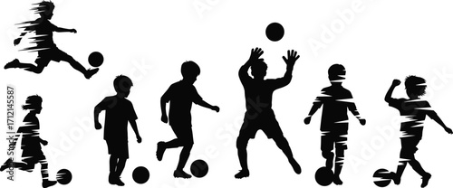 Children playing soccer silhouette illustration, kids kicking ball, running, jumping, practicing football, black vector design isolated on white background