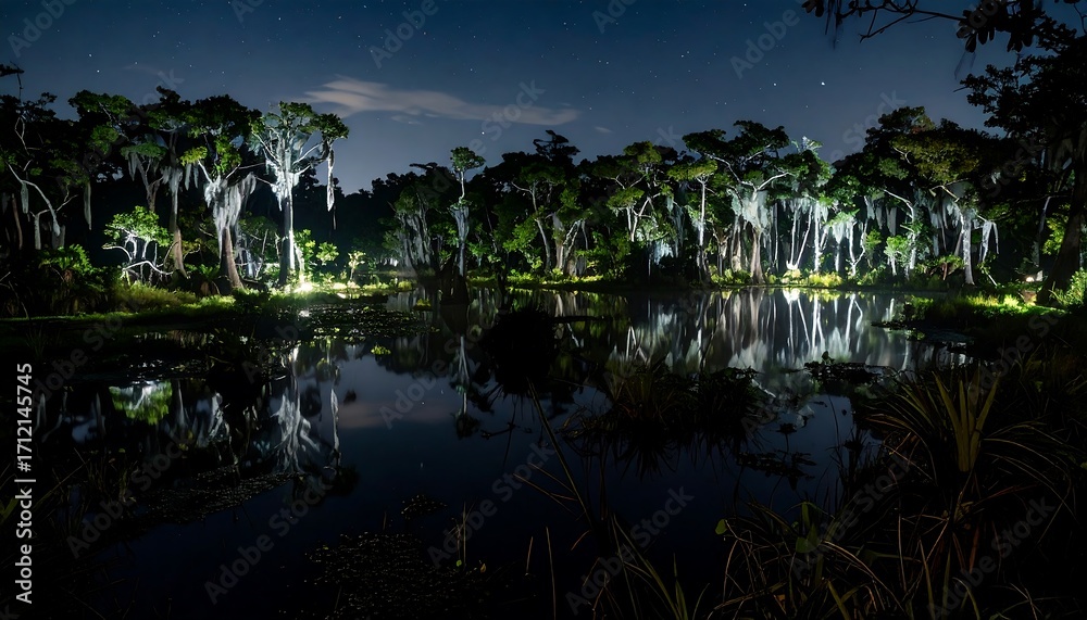 Obraz premium Nighttime Reflection - Tranquil Waters and Illuminated Trees.