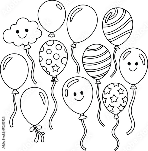 Collection of hand drawn black and white outline illustrations of various balloons and a cloud with happy faces for celebrations