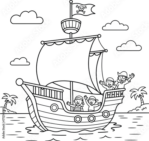 Whimsical black and white illustration of a pirate ship sailing on the ocean with happy children waving from the deck