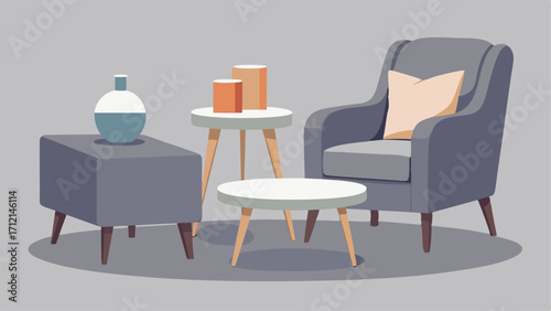 A set of modern nesting tables in varying sizes sit beside a comfortable gray armchair providing a practical and stylish place to set a drink or book.