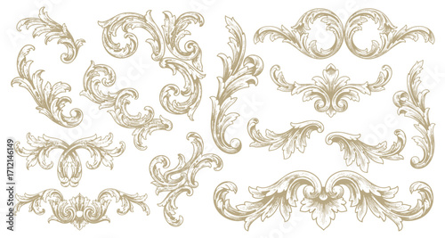 Flower ornaments. Floral frame, filigree pattern isolated elements, border with flourish acanthus. Decorative Victorian engraved motif. Card and posters decorative vector arabesque corners