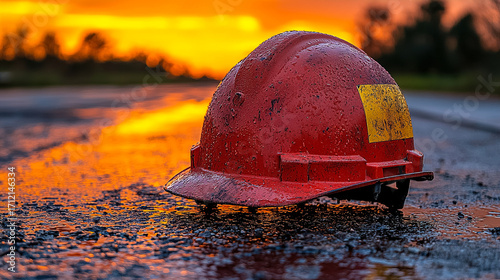 Bright red construction helmet rests on wet pavement during vibr