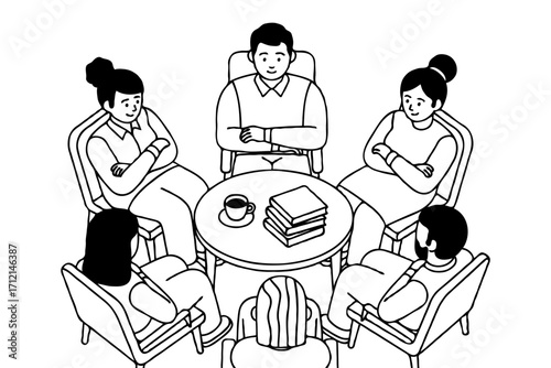 Six people sit in a circle around a coffee table with books and coffee, black and white line art style, on white background, concept of group therapy