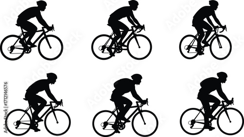 Cyclist silhouette on road bicycle, black rider vector illustration, cycling activity, fitness sport, transportation concept, workout exercise, outdoor lifestyle design