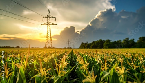 Golden cornfield at sunset, power lines stretch into dramatic sky