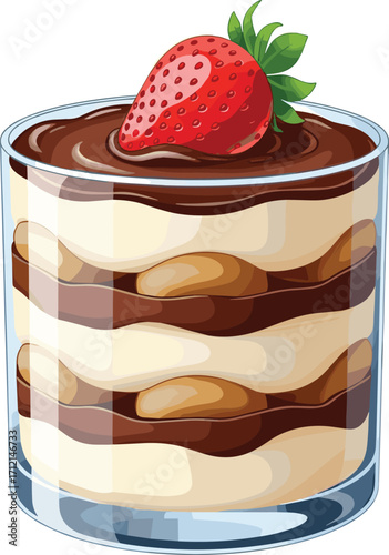 Delicious tiramisu dessert in glass, layered creamy Italian sweet, chocolate topping, strawberry garnish, gourmet treat, perfect for cafe, bakery, restaurant menu.