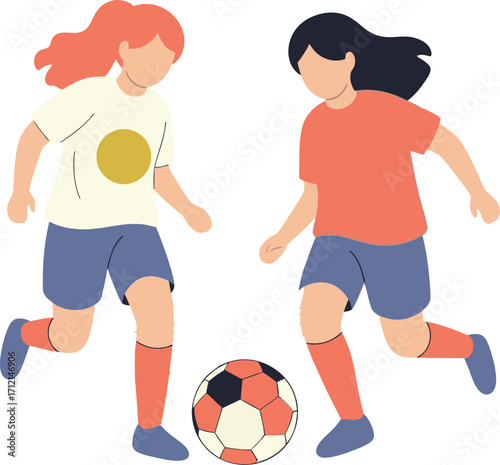vector illustration of two young girls playing soccer in a park for an International Day of the Girl Child concept of female sports and teamwork.
