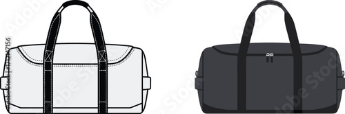 Duffel bag flat sketch, travel bag template, gym bag vector, front and back view, fashion accessory design, luggage illustration mockup
