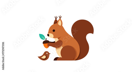 Adorable cartoon squirrel holding acorn and leaf.