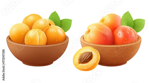 Two Bowls of Ripe Apricots with Green Leaves and One Halved Apricot