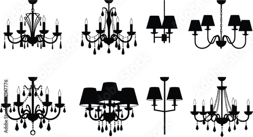Elegant chandelier silhouettes, vintage ceiling light vector set, luxury lamp icons, classic interior decor, antique lighting fixture, decorative illumination design