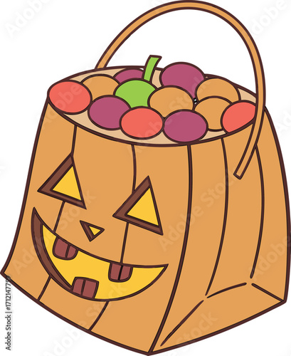 Vector art of a cartoon jackolantern candy bucket filled with colorful candies, isolated on a