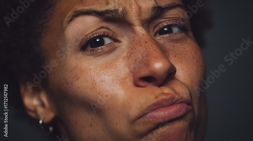 Close-up portrait of an expressive woman with a furrowed brow and pursed lips, conveying skepticism, confusion, or mild displeasure while looking directly at the viewer