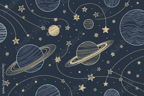 A repeating pattern of planets with rings and stars on a dark blue background with dotted lines connecting them