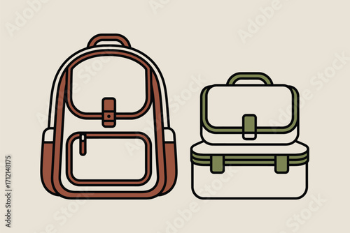 Illustration of a backpack with brown trim and a stacked lunchbox with green trim on a beige background