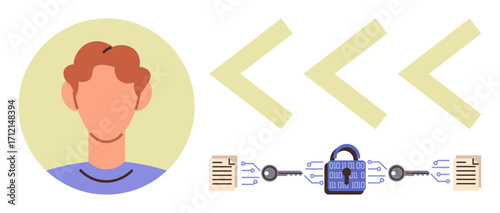 Abstract person profile near arrows and encryption setup with lock, keys, and data blocks. Ideal for cybersecurity, encryption, privacy protection, blockchain, communication, anonymity data safety