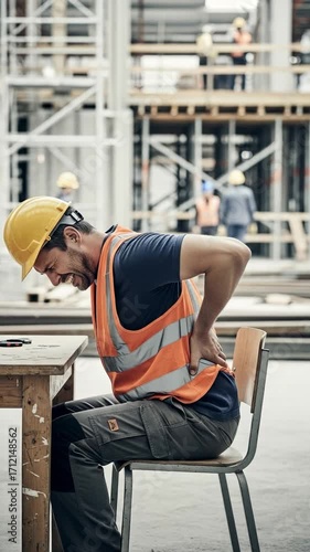 Young Male Construction Worker in Safety Gear Experiencing Back Pain at Site Desk